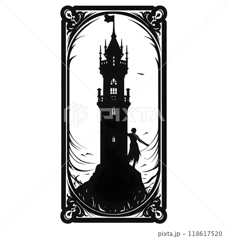 Black silhouette of a card with a tower and a woman on white background. 118617520