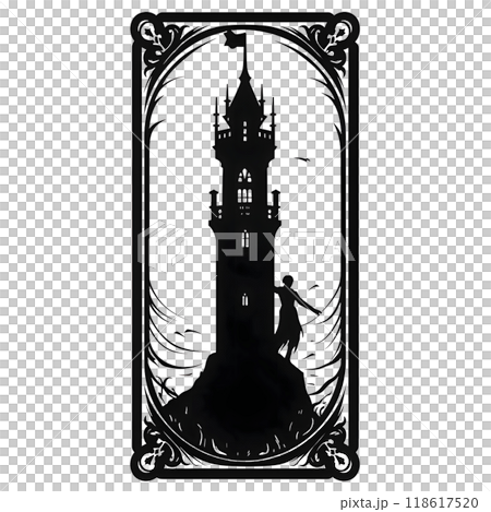 Black silhouette of a card with a tower and a woman on white background. 118617520