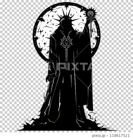 Black silhouette of a wizard on white background. 118617521