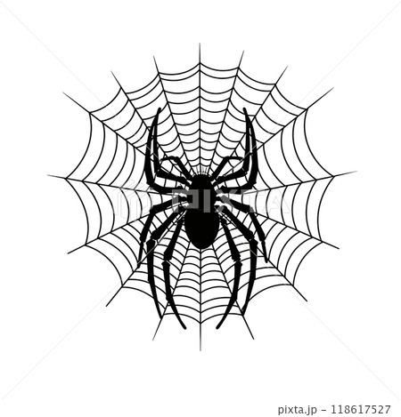 Black silhouette of a spider on a spider web on white background. Black silhouette of a spider on a spider web on white background. 118617527
