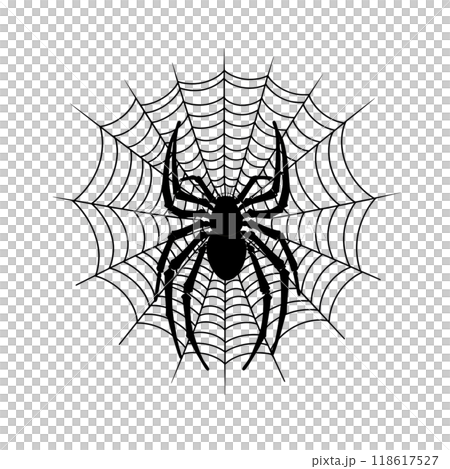 Black silhouette of a spider on a spider web on white background. Black silhouette of a spider on a spider web on white background. 118617527
