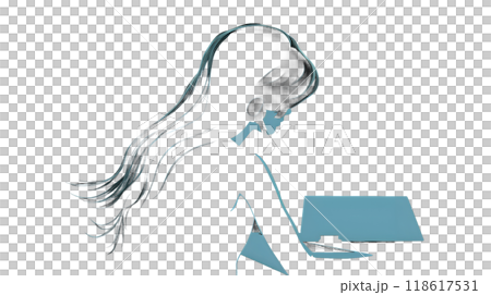 Black silhouette of a girl at desk and laptop on black background. Black silhouette of a girl at desk and laptop on black background. 118617531