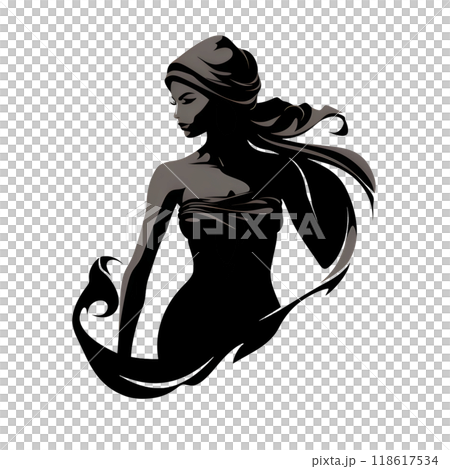 Black silhouette of a women with headscarf on white background. 118617534