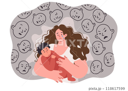 Postpartum depression in woman, given birth to child and feels judged by others people Postpartum depression in woman, given birth to child and feels judged by others people 118617599