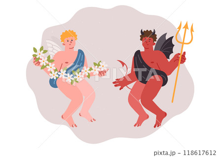 Angel and devil symbolize contrast good and evil, for concept of choosing way to solve problem 118617612