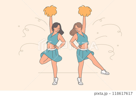 Girls cheerleaders with pumpons on their hands jump to support football team in important match Girls cheerleaders with pumpons on their hands jump to support football team in important match 118617617