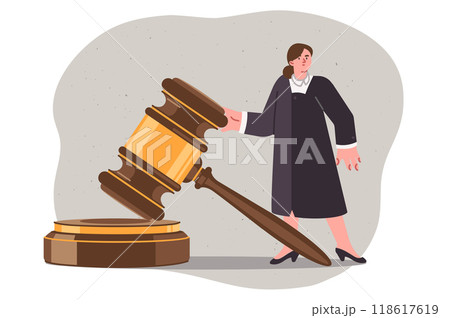 Woman judge makes fair decision for defendant who has broken law, standing near large gavel 118617619