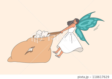 Tooth fairy pulls large bag of children molars, leaving money for little ones as sign of comfort 118617629