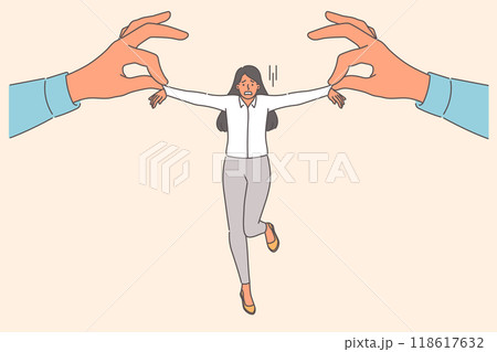 Pressure on business woman from person pulling to side, demanding that plan be carried out 118617632