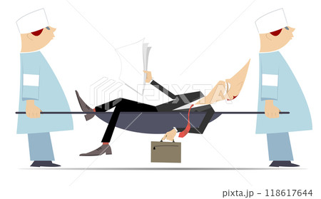 Overworked businessman, two physicians with a stretcher. Two physicians carry overworked businessman in a stretcher. Isolated on white background Overworked businessman, two physicians with a stretcher. Two physicians carry overworked businessman in a stretcher. Isolated on white background 118617644