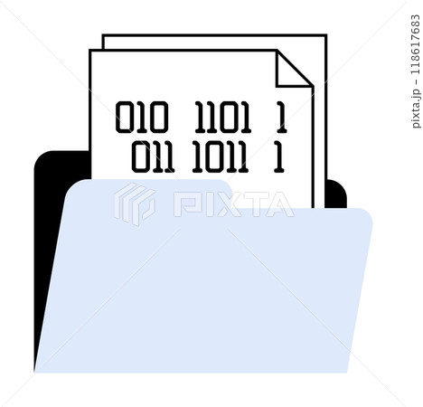 Blue folder holding papers with binary code. Ideal for data management, digital information, computer science, file organization, coding. Simple vector style. 118617683