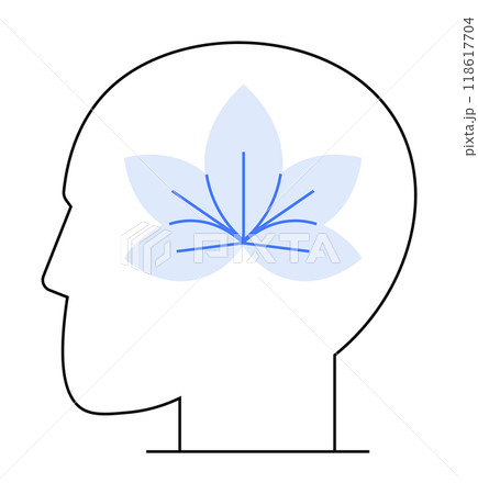 Outline of a human head with a blue lotus flower inside, symbolizing mindfulness, mental clarity, and meditation. Ideal for mental health, wellness, spirituality, relaxation, and inner peace themes. 118617704