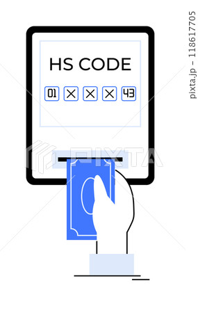 A hand holding a bill inserting it into a machine displaying a HS code. Ideal for customs, trade regulations, import export, logistics, and financial transactions. Minimalist vector style. 118617705