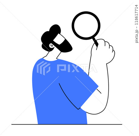 A person with a beard and blue shirt holds a magnifying glass. Ideal for analysis, research, investigation, curiosity, discovery. Simple vector style. A person with a beard and blue shirt holds a magnifying glass. Ideal for analysis, research, investigation, curiosity, discovery. Simple vector style. 118617714
