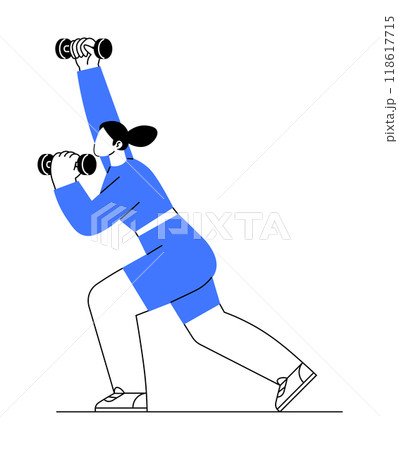 A woman in a blue athletic outfit is depicted performing an upright lunge, while lifting dumbbells in both hands. She has her hair tied back in a ponytail and is wearing sneakers. Ideal for fitness, e A woman in a blue athletic outfit is depicted performing an upright lunge, while lifting dumbbells in both hands. She has her hair tied back in a ponytail and is wearing sneakers. Ideal for fitness, e 118617715