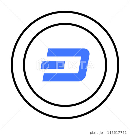 A stylized DASH cryptocurrency logo in blue within two concentric black circles. Ideal for cryptocurrency, digital finance, fintech innovation, blockchain technology, and modern design. Simple vector 118617751