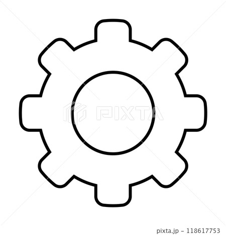 Black and white outline of a gear with seven teeth and a central circle, representing machinery, technology, and settings. Ideal for engineering, tech, machinery, manufacturing, and software themes. Black and white outline of a gear with seven teeth and a central circle, representing machinery, technology, and settings. Ideal for engineering, tech, machinery, manufacturing, and software themes. 118617753