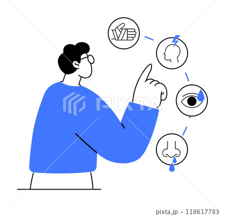 Person points at icons of nose, eye, head, and tissue, indicating sensations or health symptoms. Ideal for medical, allergy, health awareness, education, infographics, and wellness. Simple line art st Person points at icons of nose, eye, head, and tissue, indicating sensations or health symptoms. Ideal for medical, allergy, health awareness, education, infographics, and wellness. Simple line art st 118617783