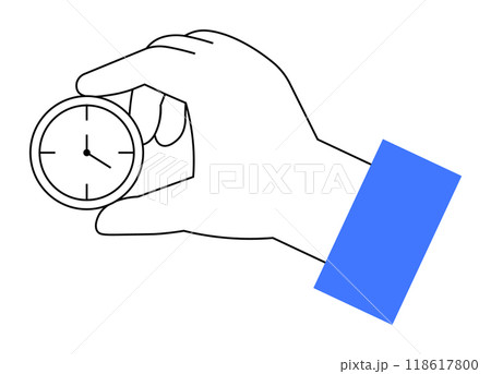 A hand is holding a small analog clock, highlighting themes of efficiency and management. Ideal for time management, productivity, deadlines, punctuality, and scheduling. Minimalist vector style. A hand is holding a small analog clock, highlighting themes of efficiency and management. Ideal for time management, productivity, deadlines, punctuality, and scheduling. Minimalist vector style. 118617800