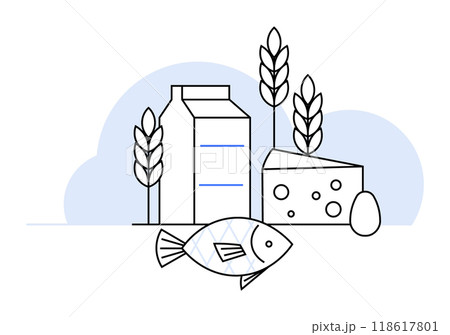 This image depicts a milk carton, two wheat stalks, a piece of cheese with holes, a fish, and an egg against a soft blue background. Ideal for themes related to food, agriculture, nutrition, grocery, 118617801