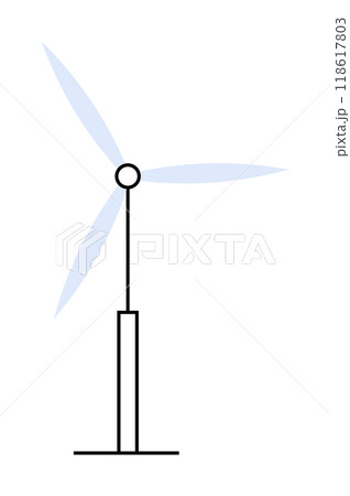 Simple wind turbine with three pale blue blades and a vertical tower. Ideal for renewable energy, sustainability, green technology, clean power, and minimalist designs. Clear lines, modern look. 118617803