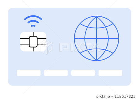 A blue card with a microchip, wireless symbol, and globe icon. Ideal for digital payments, global connectivity, data security, modern identification, and technology. Simple vector art style. A blue card with a microchip, wireless symbol, and globe icon. Ideal for digital payments, global connectivity, data security, modern identification, and technology. Simple vector art style. 118617823