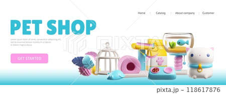 3D vector banner for pet store website: toys, food, accessories. 118617876