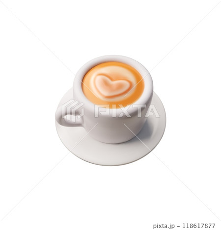 Cup with coffee on a saucer 3D cartoon vector icon, realistic cappuccino with heart shape milk foam, latte drink cream 118617877