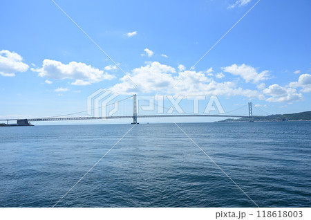 大蔵海岸側から見た明石海峡大橋の全長 118618003