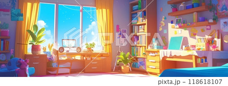 Illustration of a girl's room, a room for a little girl with toys, a bed and a table 118618107