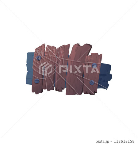 Graphic of an old wooden signboard made of blue and brown wooden planks with nails and spider webs. 118618159