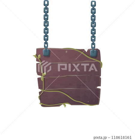 Illustration of an old wooden signboard intertwined with grass, and hanging on iron chains. 118618161
