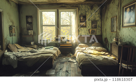 Unkempt Room with Unmade Beds and Disarray 118618307