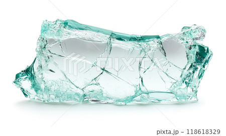 Large Cracked Piece of Glass on White Background Large Cracked Piece of Glass on White Background 118618329