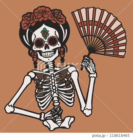 Catrina with fan. Woman sugar skull. Mexican Day of the Dead. Vector isolated illustration 118618465