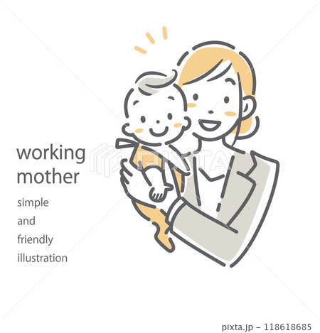 働くお母さんと赤ちゃん　シンプルでお洒落な線画イラスト 118618685