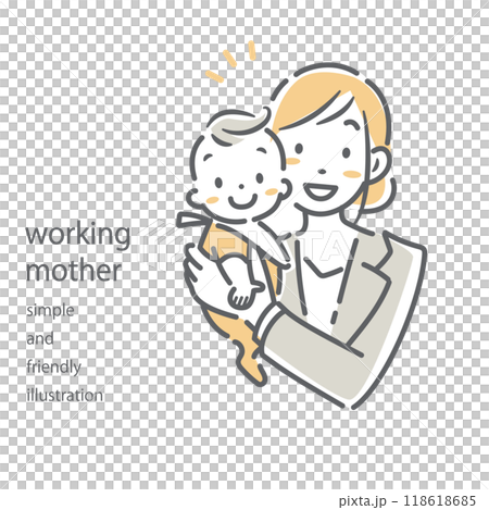 働くお母さんと赤ちゃん　シンプルでお洒落な線画イラスト 118618685