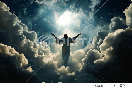 A powerful and ethereal scene depicting the ascension of the Christ figure, surrounded by a dramatic heavenly backdrop of glowing clouds and stars 118618760