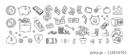 Doodle money. Banknotes and coins, money bag, credit card, piggy bank and currency symbols. Hand drawn financial savings, cashback and banking icons vector set Doodle money. Banknotes and coins, money bag, credit card, piggy bank and currency symbols. Hand drawn financial savings, cashback and banking icons vector set 118618761