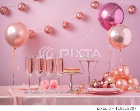 A party table with pink decorations, including balloons, glasses, and desserts, creating a festive atmosphere 118618807