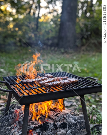 A barbecue grill with sizzling steaks over an open flame, set in a lush green outdoor setting 118618808