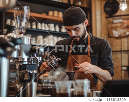 A skilled barista brews coffee using a modern espresso machine in a cozy cafe setting 118618809