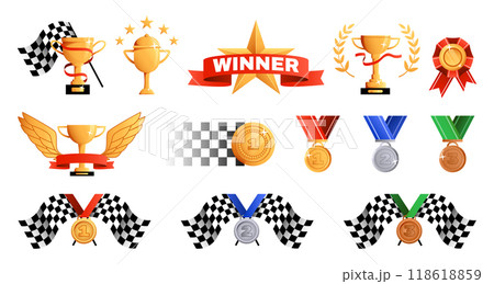 Sport winner trophies. Racing award cup with checkered flag, gold wings and laurel wreath. Golden, silver and bronze medals, race achievements cartoon vector illustration set Sport winner trophies. Racing award cup with checkered flag, gold wings and laurel wreath. Golden, silver and bronze medals, race achievements cartoon vector illustration set 118618859