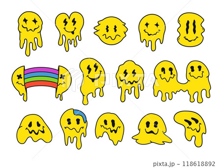 Trippy smile faces. Drippy melted emoji face, funny blob sticker and happy psychedelic facial expressions. Dripping smiles in retro acid rave aesthetic isolated vector illustration set 118618892