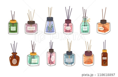 Perfume diffusers. Hand drawn fragrance essential oil bottles with reeds. Aromatherapy glass bottle with sticks, home decor perfumes isolated vector illustration set Perfume diffusers. Hand drawn fragrance essential oil bottles with reeds. Aromatherapy glass bottle with sticks, home decor perfumes isolated vector illustration set 118618897