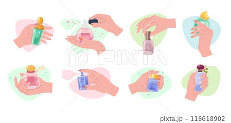 Female hands with perfume bottle. Hand holding and spraying aroma water, luxury cologne and fragrant essence glass bottle. Elegant perfumes isolated cartoon vector illustration set 118618902