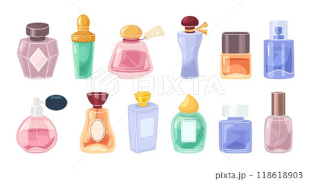 Cartoon perfume bottles. Aroma water, fragrant essences glass bottle packages and luxury cologne. Fragrances pumps and sprayers isolated vector illustration set 118618903