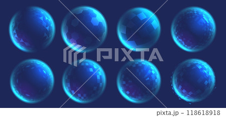 Wireframe sphere shields. Glowing digital bubble, secure 3D grid circle shield and holographic barrier spheres. Futuristic protection field isolated vector set Wireframe sphere shields. Glowing digital bubble, secure 3D grid circle shield and holographic barrier spheres. Futuristic protection field isolated vector set 118618918