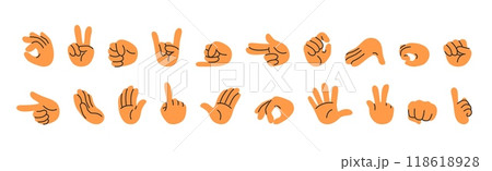 Doodle hands gestures. Hand signs for pointing finger, holding, pinch, punching fist and waving hand gesture. Minimal vector illustration set 118618928