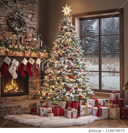 温かみのあるクリスマスツリーのあるリビングルーム 118619075